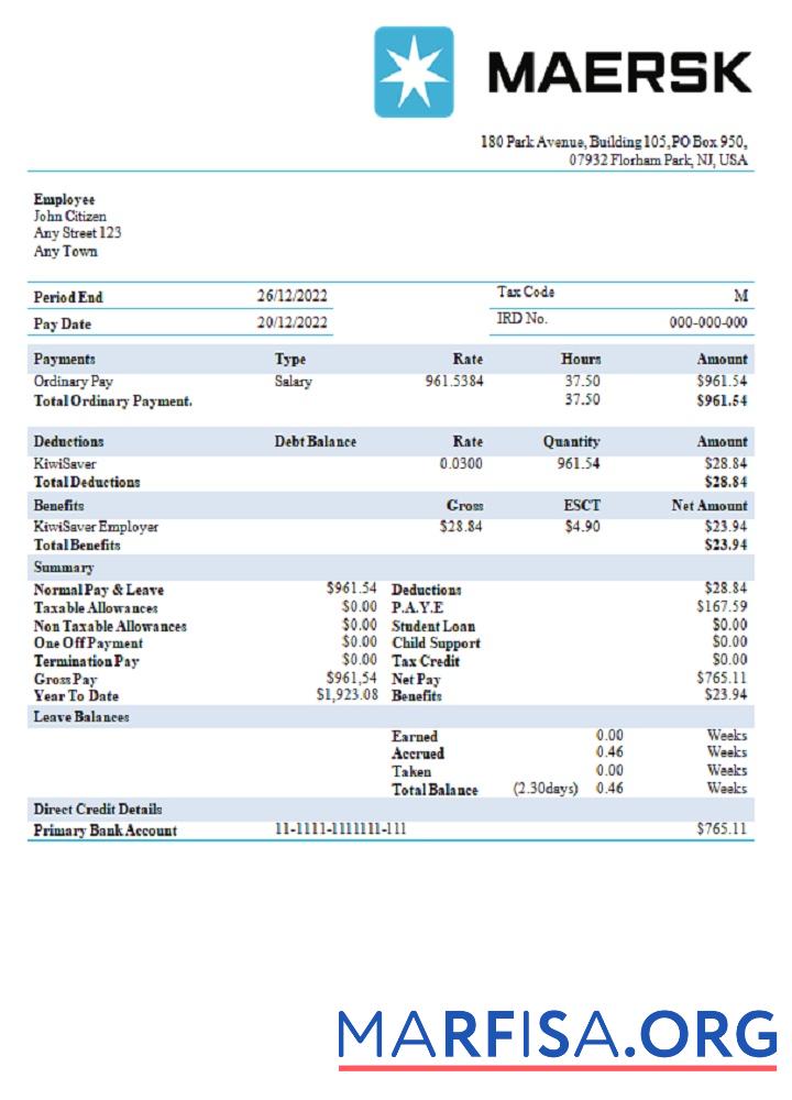 Downloadable USA Maesk shipping company pay stub download for verification